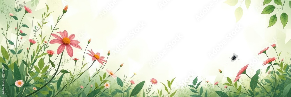 Abstract Nature Scene with Greenery and Blooms, outdoor scenery, blooming flowers Abstract Nature Scene with Greenery and Blooms, outdoor scenery, blooming flowers