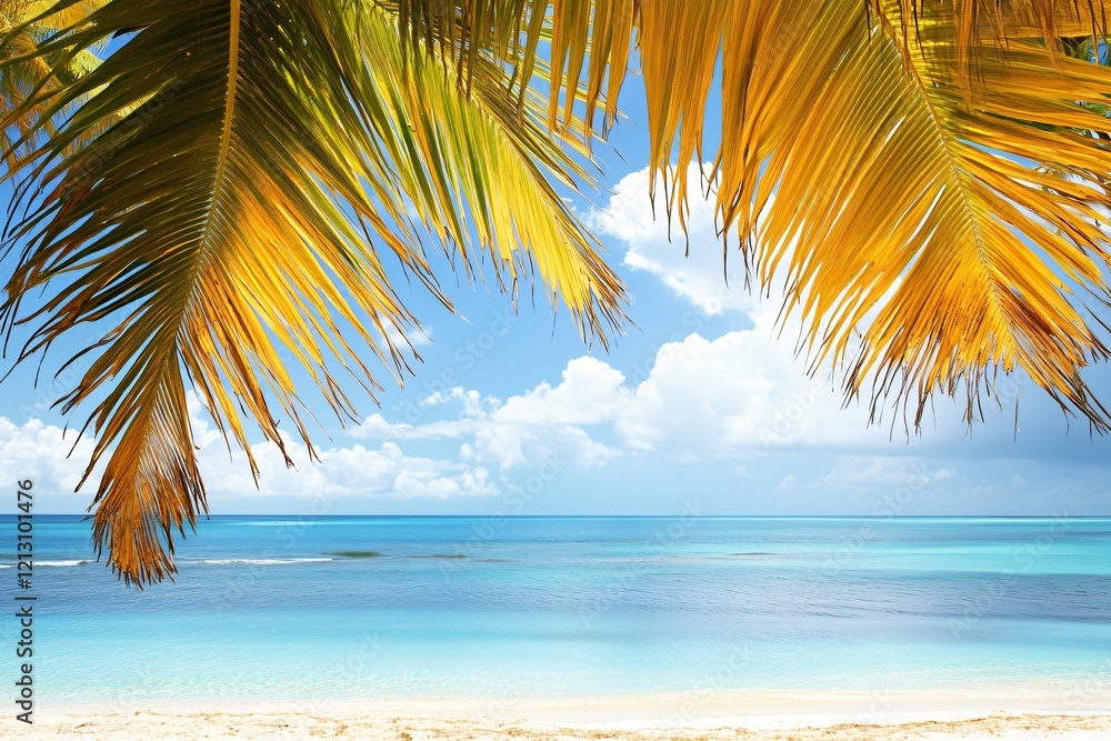 Fototapeta premium Tropical Beach Paradise View Through Palm Fronds