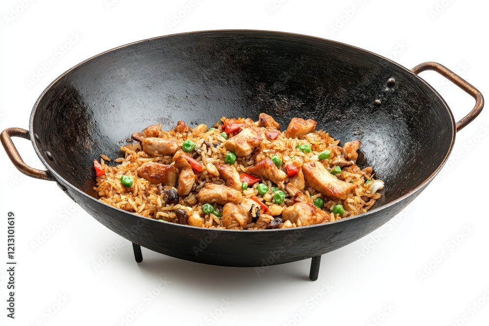 Chicken fried rice Cooked in a wok Wooden backdrop Overhead perspective Chicken fried rice Cooked in a wok Wooden backdrop Overhead perspective