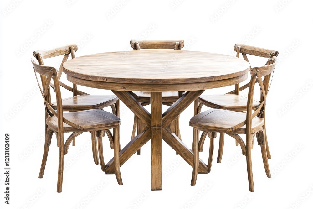 Circular teak table and chairs on wood floor dining room backdrop Circular teak table and chairs on wood floor dining room backdrop