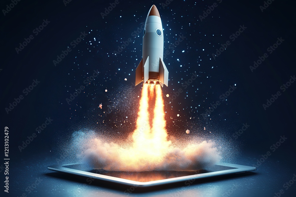 Fototapeta premium Rocket launching from a tablet pc, smoke and fire, business startup