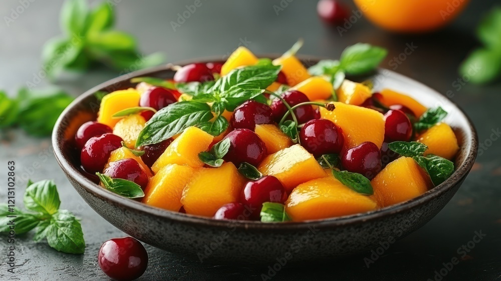 Fresh mango and cherry salad with mint. Fresh mango and cherry salad with mint.