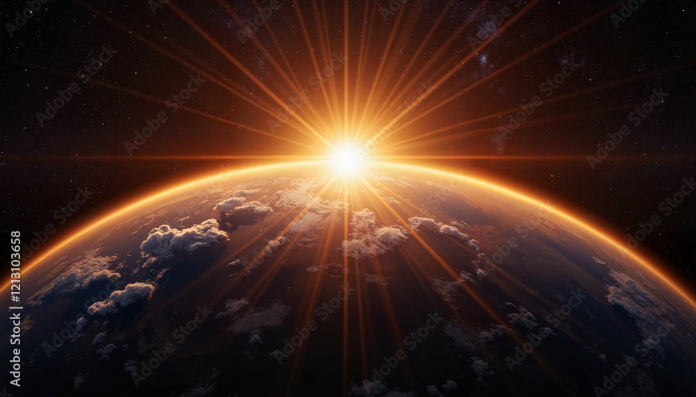 Obraz premium Sunrise over planet Earth with radiant beams in space