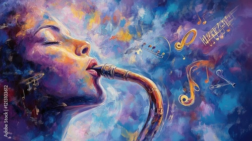 Abstract woman playing saxophone, musical notes, colorful background, artistic inspiration photo