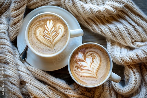 Two lattes with latte art surrounded by cozy knitted blankets on a table photo