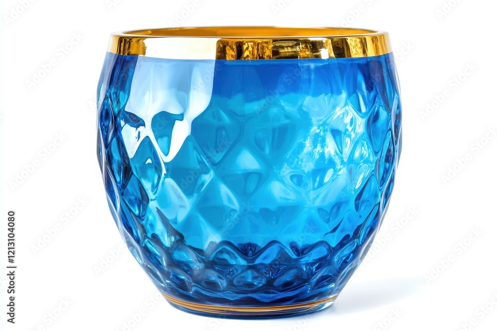 Close up of a blue transparent tinted glass vase with gold enamel set against a white b Close up of a blue transparent tinted glass vase with gold enamel set against a white b