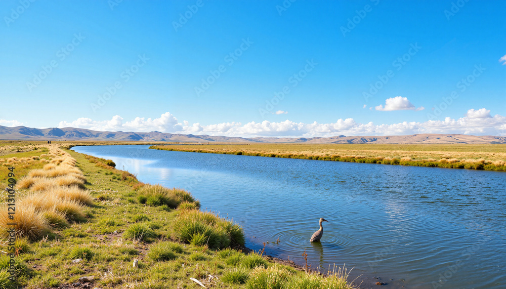 Obraz premium Crane wading in calm river against blue sky and mountains