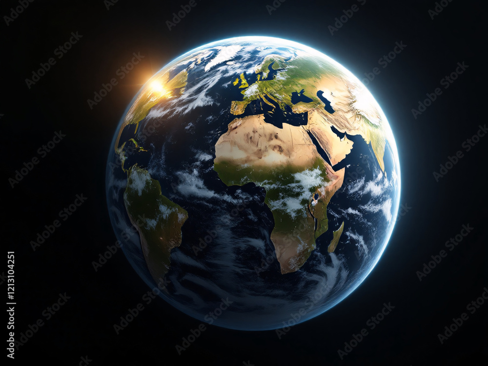 Fototapeta premium Globe, Earth, Africa, Europe, Asia, oceans, blue, space, planet, continents, clouds, atmosphere, world, map, satellite, view, geography, land, water, environment, nature, sphere, international, global