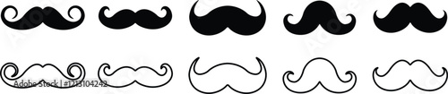Mustache Black silhouette icon in flat line set. Symbol of Father day man mustaches Vector for apps or website Moustache for men face whisker tendril isolated on transparent background.