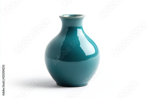 Close up of a glazed turquoise ceramic vase with a narrow neck set against a white backgr