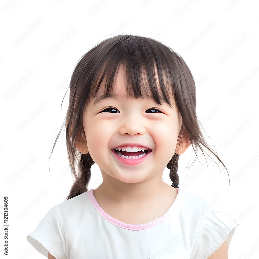 A little child is smiling isolated on a transparent background.