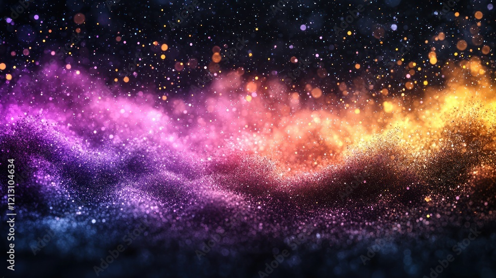 Fototapeta premium Colorful glitter wave on dark background with sparkling bokeh.