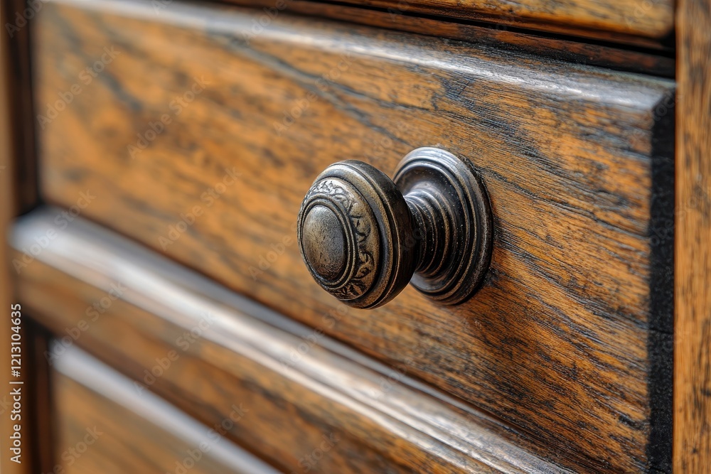 Close up of a metal drawer knob on a wooden sideboard in a bright cozy dining space of a Close up of a metal drawer knob on a wooden sideboard in a bright cozy dining space of a