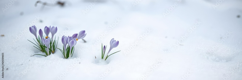 A sprinkling of pale purple crocuses radiate beauty on a snowy expanse of white, snow, crocus, serene A sprinkling of pale purple crocuses radiate beauty on a snowy expanse of white, snow, crocus, serene