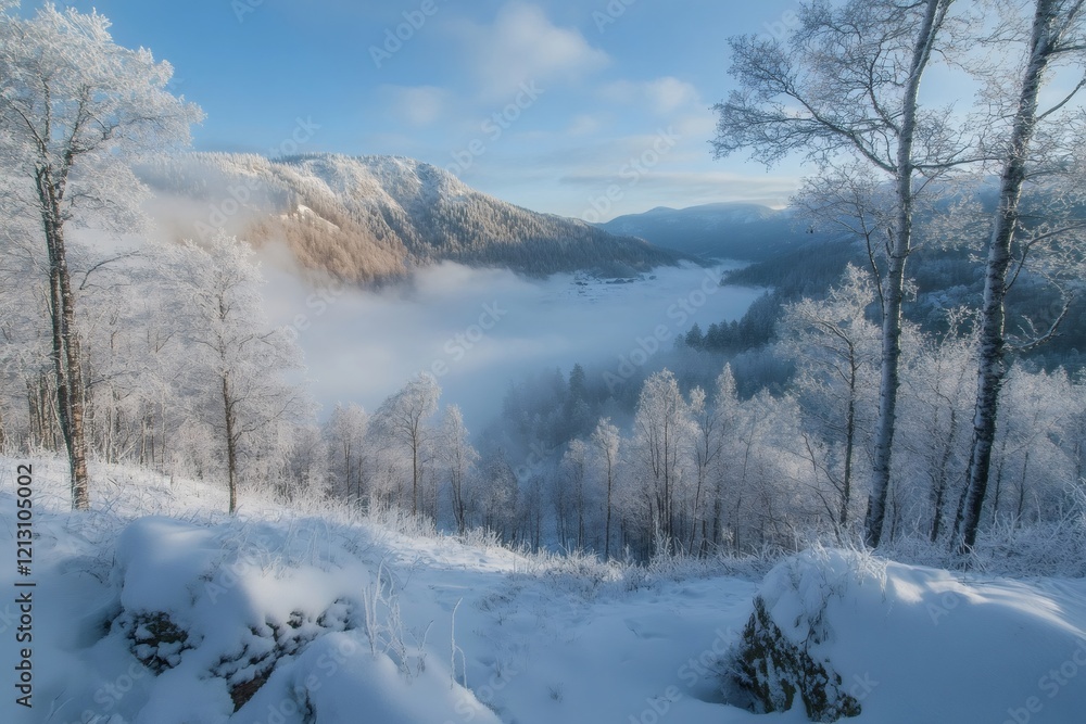Snowy mountain landscape with frozen trees and fog covering valley Snowy mountain landscape with frozen trees and fog covering valley