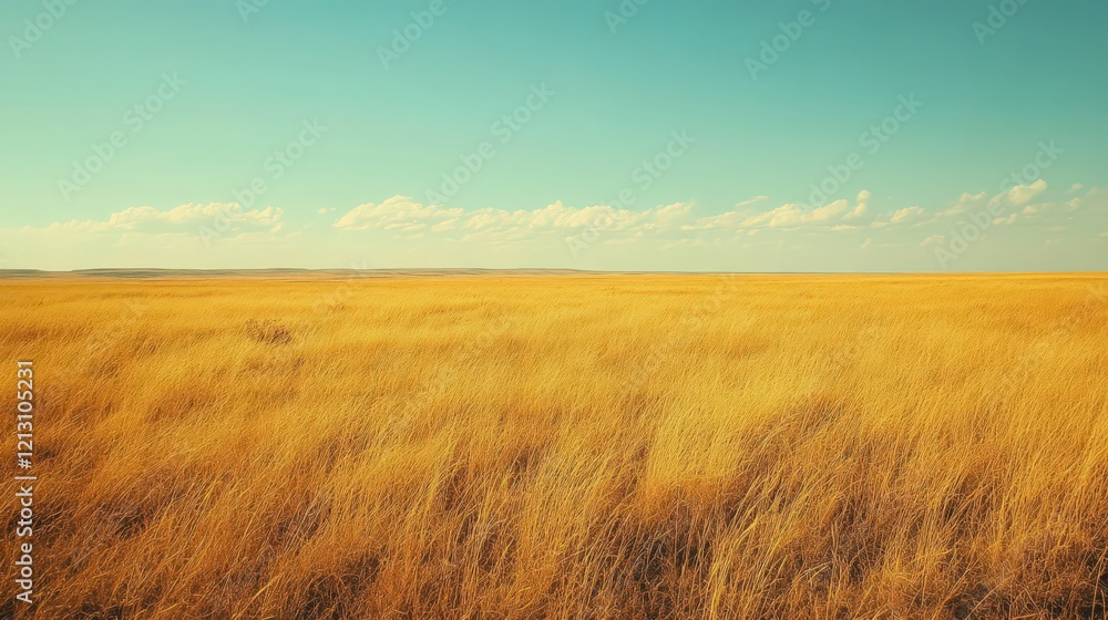 Obraz premium Golden grassland sways beneath clear blue sky; tranquil rural scenic, agriculture, countryside vista, travel, summertime, stylized color palette.