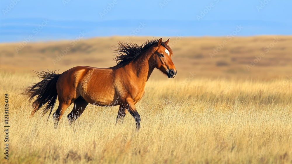 Fototapeta premium Majestic Wild Horse Galloping Through the Golden Grasslands of the Steppe Under the Vast Blue Sky