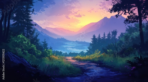 Serene Sunrise Over Mountain Valley Path