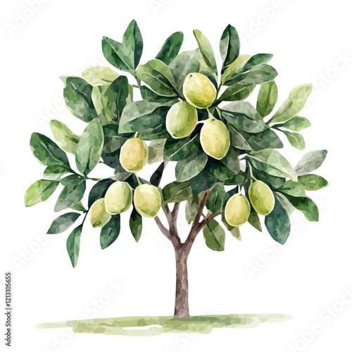 Australian Finger Lime Tree with Fruit Watercolor Flat Illustration | Unique Citrus Artwork for Logos & Digital Designs  
