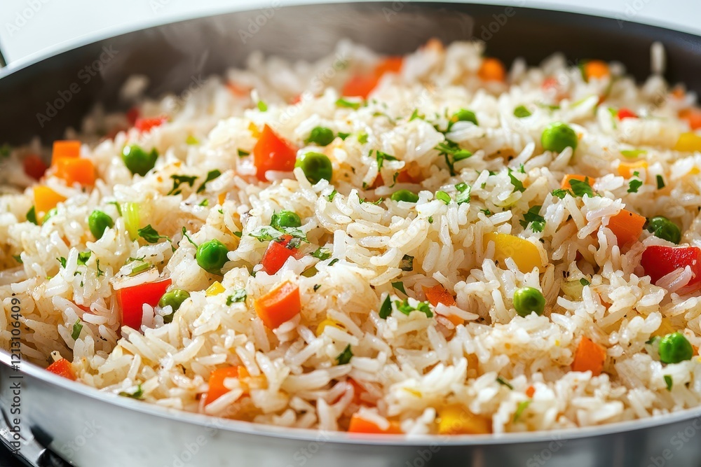 Closeup of woman preparing delicious rice with vegetables on the stove Closeup of woman preparing delicious rice with vegetables on the stove