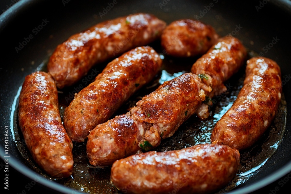 Sizzling sausages cooked to perfection in a skillet during a cozy breakfast moment Sizzling sausages cooked to perfection in a skillet during a cozy breakfast moment