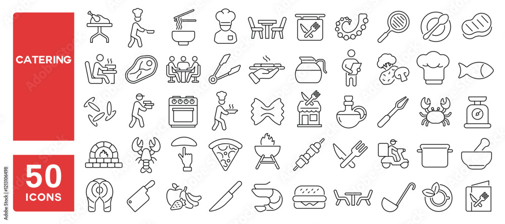 Set of 50 line icons related to catering, chef, food, kitchen, restaurant, dining, table, cooking, knife, fork, plate, cutlery, waiter, Editable stroke. Vector illustration Set of 50 line icons related to catering, chef, food, kitchen, restaurant, dining, table, cooking, knife, fork, plate, cutlery, waiter, Editable stroke. Vector illustration