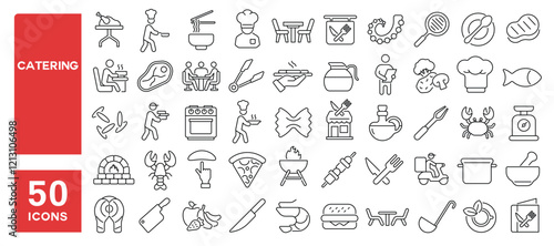 Set of 50 line icons related to catering, chef, food, kitchen, restaurant, dining, table, cooking, knife, fork, plate, cutlery, waiter, Editable stroke. Vector illustration