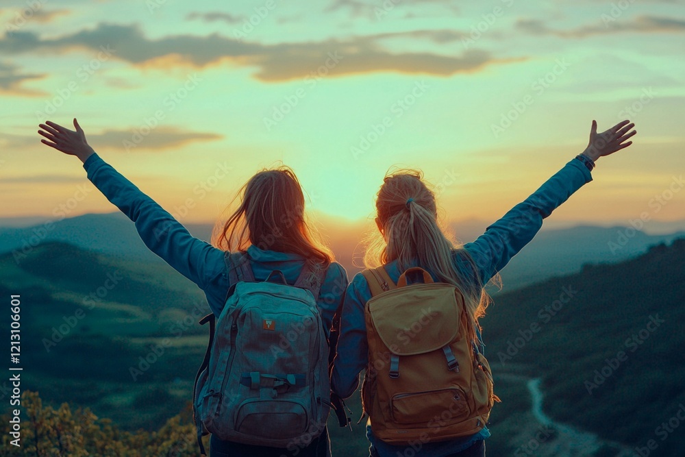 Fototapeta premium Two friends celebrate a beautiful sunset on a mountain with arms raised in joy