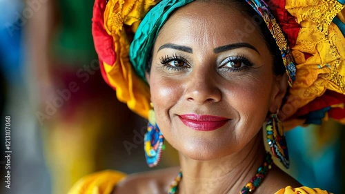 Smiling woman in vibrant traditional attire with joyful expression