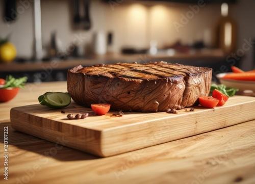 A thick steak with a grilled crust rests on a modern chopping block in a well-lit kitchen, cooking surface, raw meat photo