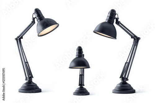 Collection of retro black desk lamps on a white backdrop captured from various angles fo