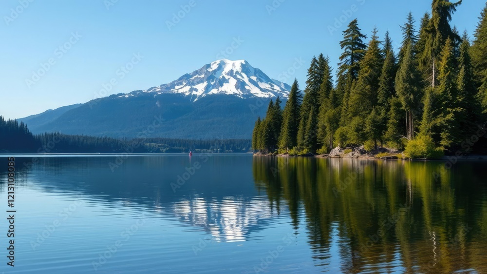 A tranquil lake with Mount Shuksan's majestic form visible through the trees, mountains, serene, lake A tranquil lake with Mount Shuksan's majestic form visible through the trees, mountains, serene, lake