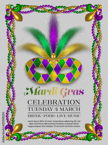 mardi gras poster with colorful mask, pearls and feathers. mardi gras party flyer