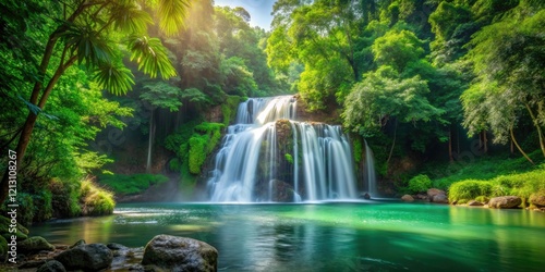 A tranquil waterfall scene with a lush green forest behind the falls, outdoors, natural, peaceful, foliage, scenery