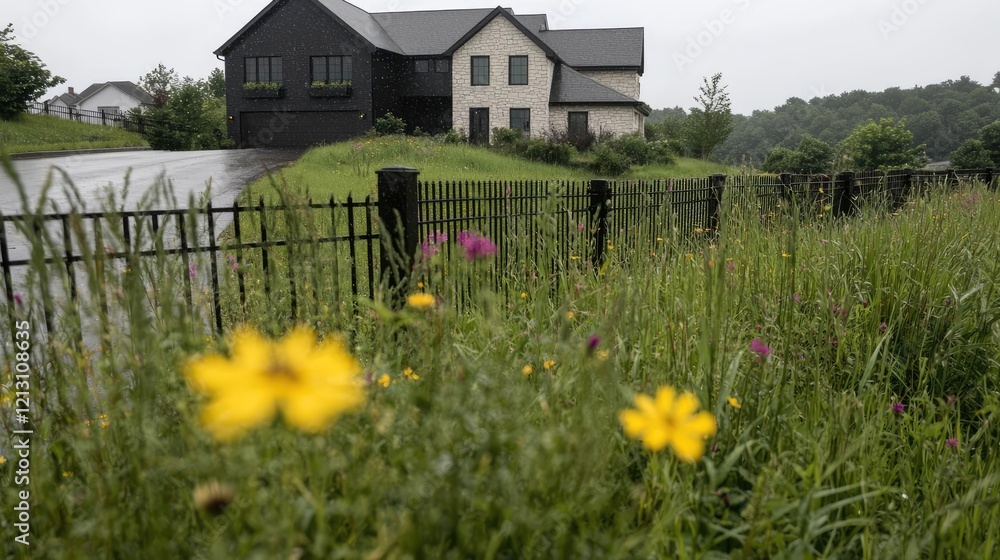 Obraz premium Modern house, hillside, wildflowers, rainy day, real estate