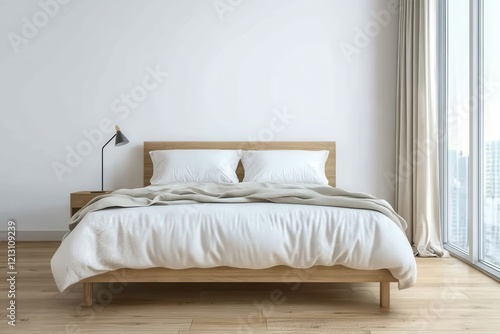 Contemporary design advertisement featuring a bedroom with a double bed white pillows co