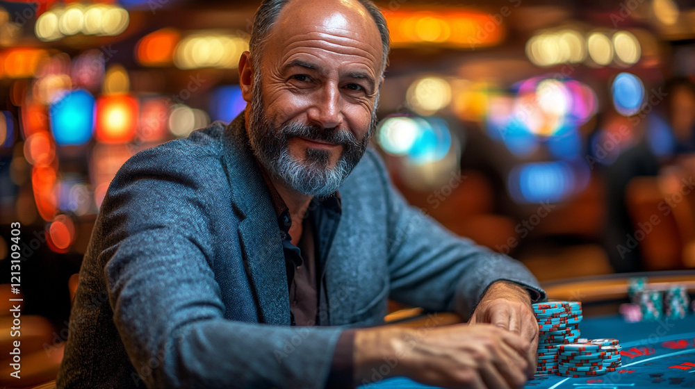 Overweight Man Enjoying a Game of Chance at a Casino Table in a Lively Gambling Venue at Night Overweight Man Enjoying a Game of Chance at a Casino Table in a Lively Gambling Venue at Night