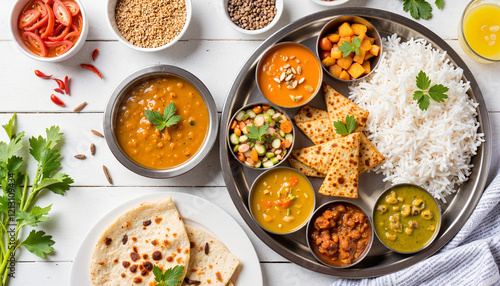Healthy low-calorie thali on modern kitchen table, vibrant freshness