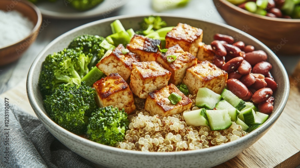 A vegetarian protein-packed meal, featuring tofu, beans A vegetarian protein-packed meal, featuring tofu, beans