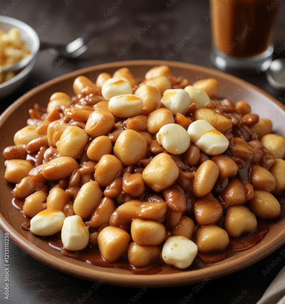 A warm plate of poutine topped with melted cheese curds and drizzled with savory gravy , mouthwatering, poutine, comfort food