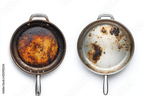 Contrast the image of a burnt pan before and after cleaning a stained pot The dirty stain