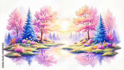 Watercolor landscape with pink trees and a reflective river