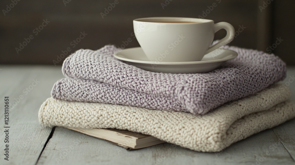 Cozy Knit Blankets Stacked with Teacup Still Life Cozy Knit Blankets Stacked with Teacup Still Life