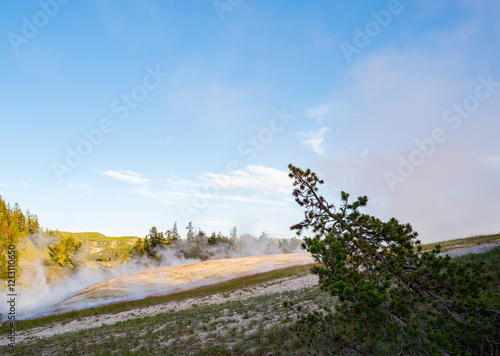 Steam rises off the hot sulphuric waters of the various hot springs from hydrothermal events in yellowstone photo