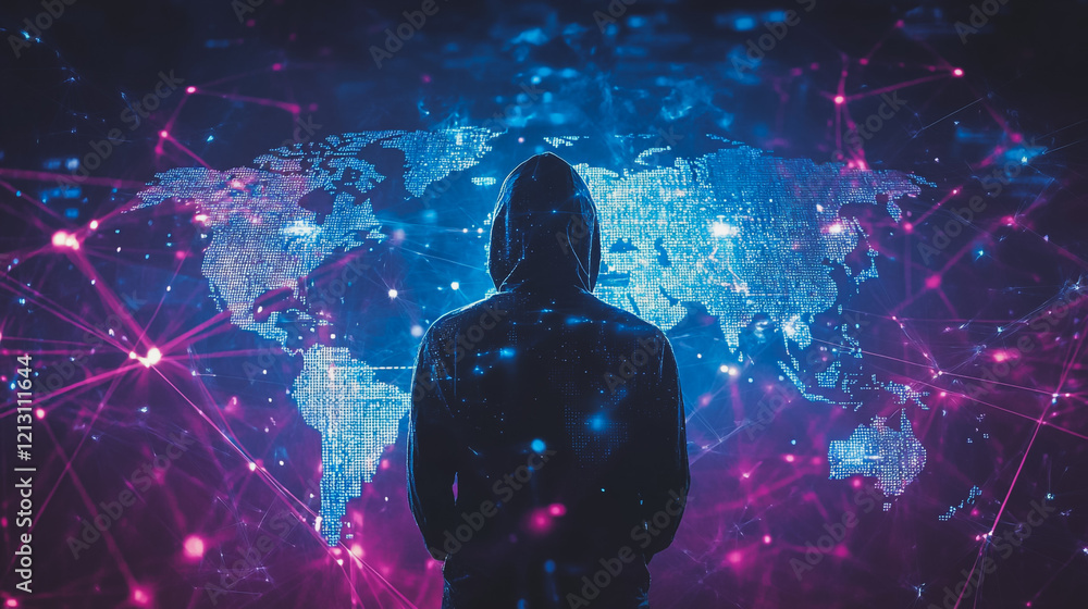 Obraz premium Hacker are planning to hack and attack networks and cyber security systems.team people innovation connection of line from nail node to node on map background , networking concept