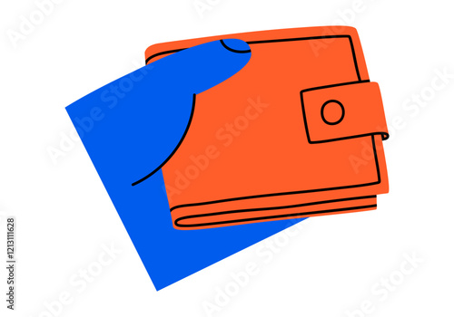 Hand drawn cute cartoon illustration of hand holding closed wallet. Flat vector money currency with human arm sticker doodle. Shopping or payment icon or print. Online paying method. Isolated.