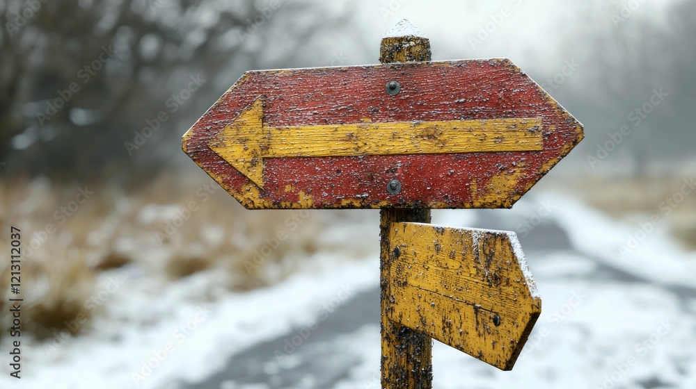 Naklejka premium Frozen trail signpost, winter path, snowy woods, direction