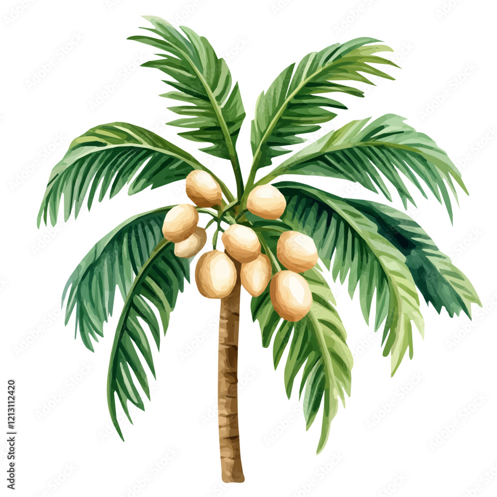 Fototapeta premium Betel Nut Palm with Fruit – Detailed Watercolor Botanical Illustration, Tropical Palm Tree Painting, Nature-Inspired Artwork, Lush Betel Nut Palm with Ripe Fruits. 