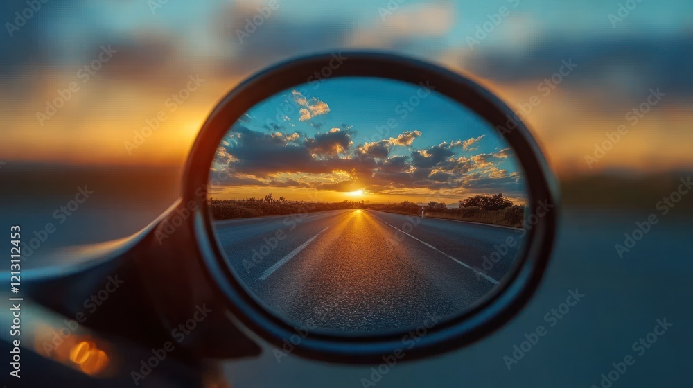 Sunset reflected in a car's side mirror, showing a long road ahead. Sunset reflected in a car's side mirror, showing a long road ahead.