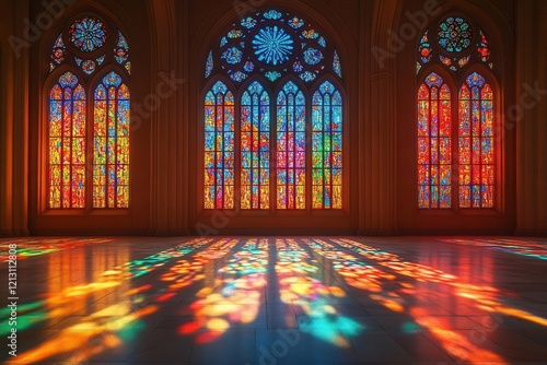 Wallpaper Mural gothic cathedral interior with rays of colored light streaming through massive stained glass rose window creating ethereal patterns on stone floor Torontodigital.ca